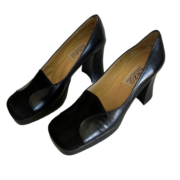 Y2K 90s Enzo Angiolini square toe suede leather black Platform Slip On 7 Retro - Picture 4 of 13